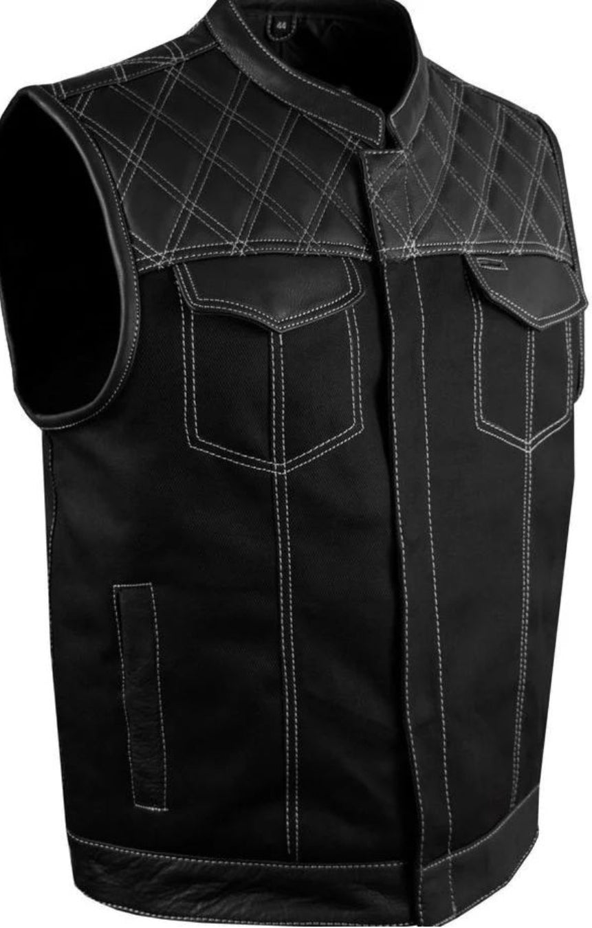Mens Leather SOA Vest with Cross Hatch Stitching
