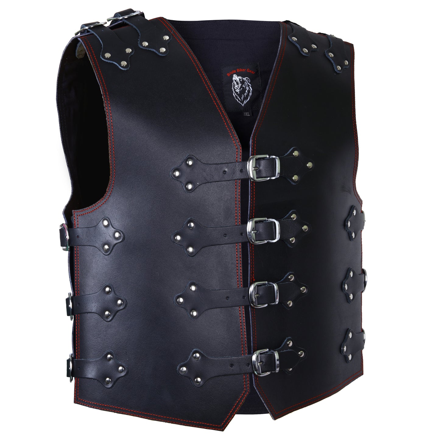 Mens Leather Vest with Red Stitching