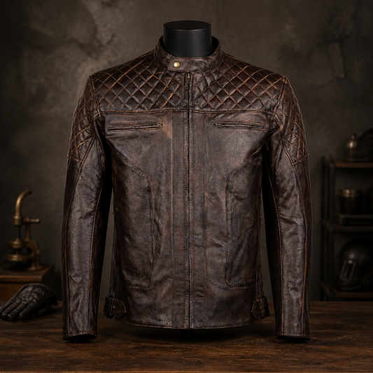 Mens Diamond Brown Leather Motorcycle Jacket