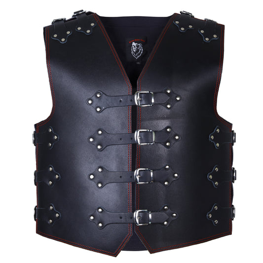 Mens Leather Vest with Red Stitching